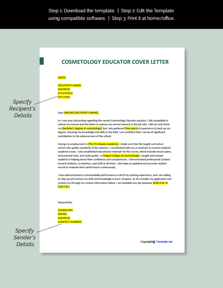 Free Cosmetology Educator Cover Letter Template - Google Docs, Word ...