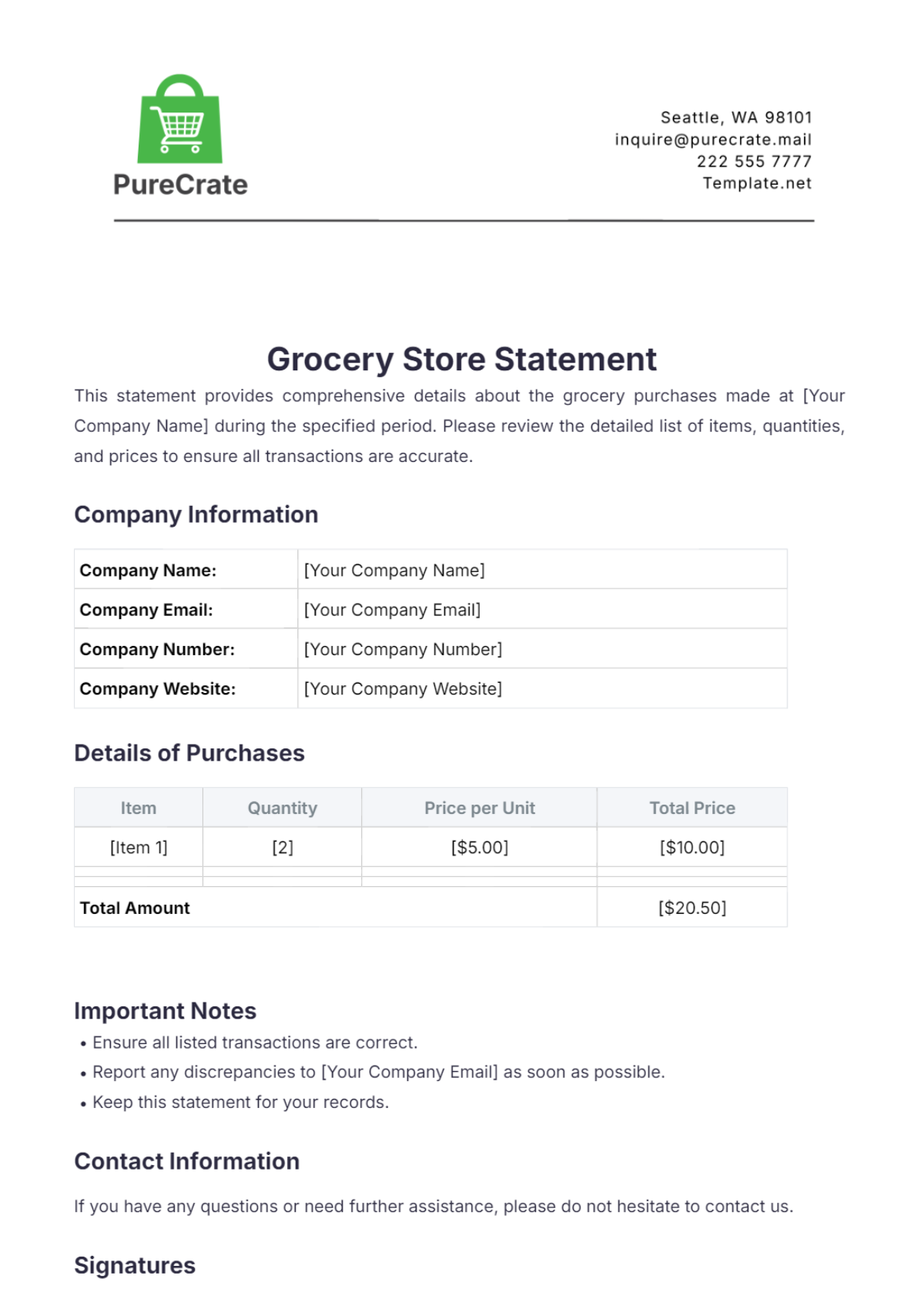 Grocery Store Statement Template