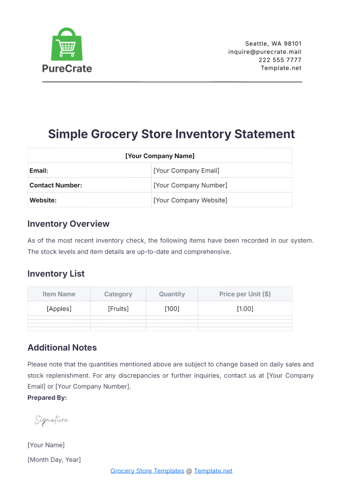 Simple Grocery Store Inventory Statement Template