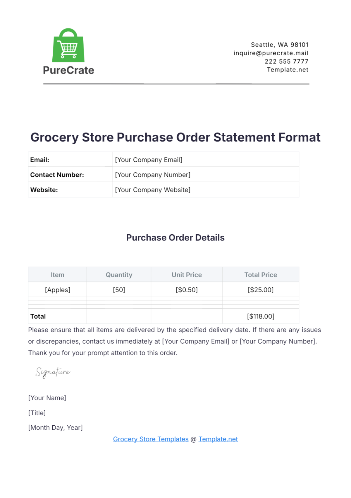 Grocery Store Purchase Order Statement Format Template