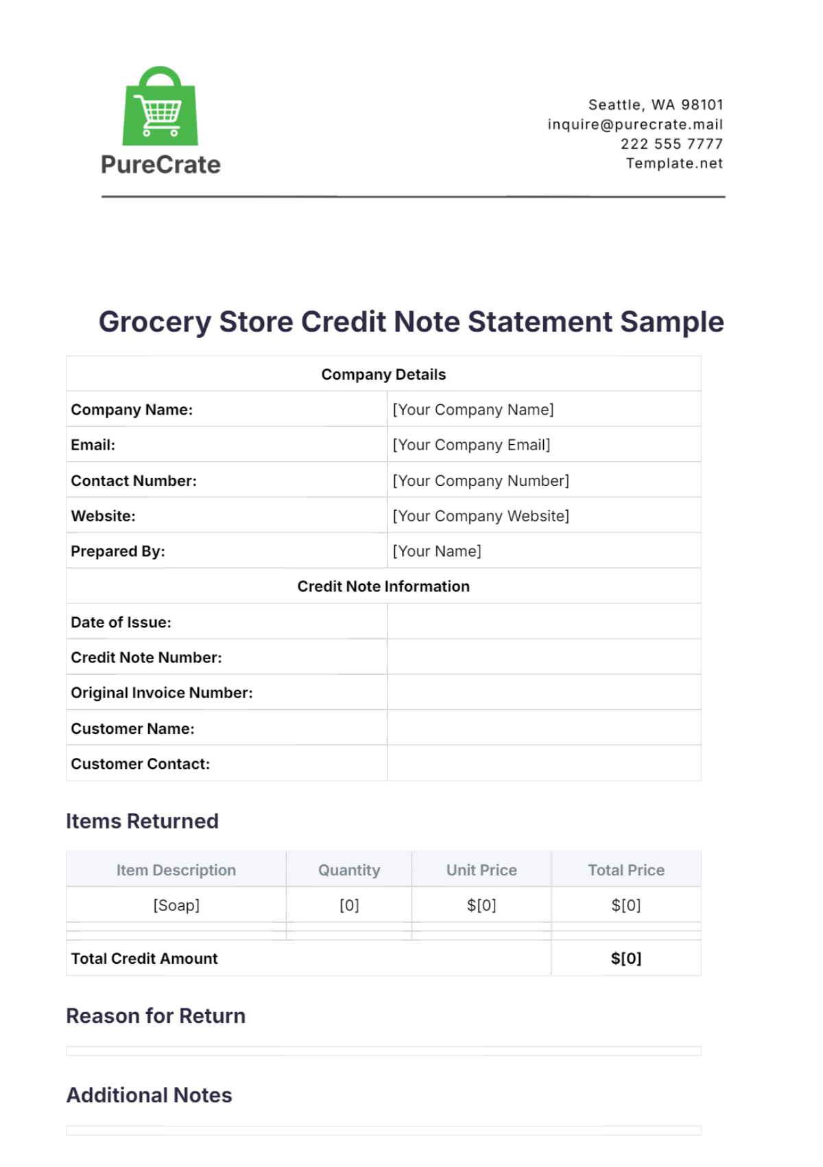 Grocery Store Credit Note Statement Sample Template