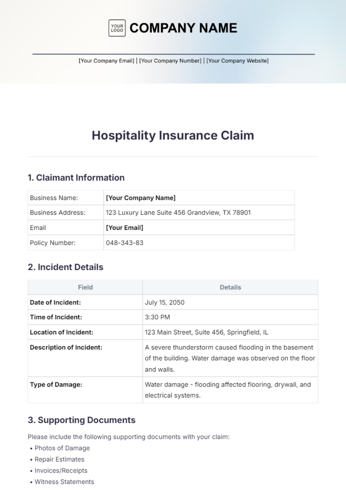 Hospitality Insurance Claim Template - Edit Online & Download