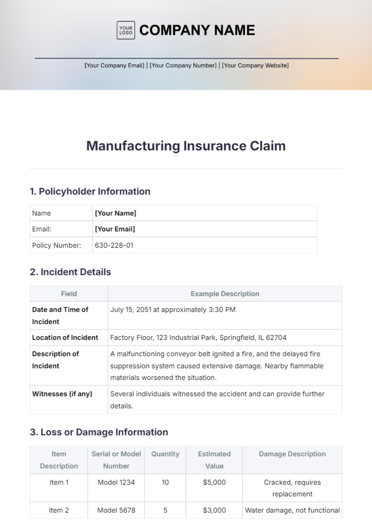 Manufacturing Insurance Claim Template - Edit Online & Download