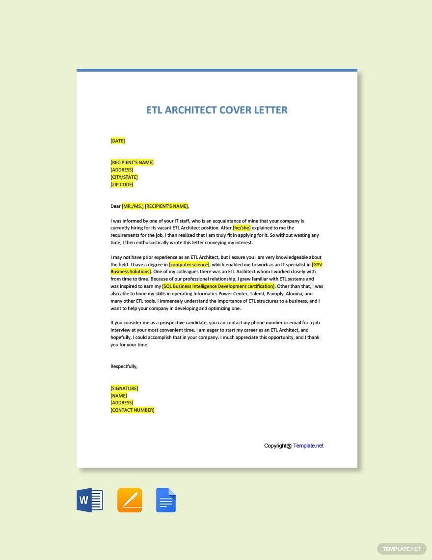 ETL Architect Cover Letter in Word, Google Docs, PDF, Apple Pages