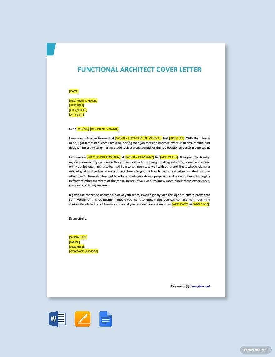 Functional Architect Cover Letter in Word, Google Docs, PDF, Apple Pages