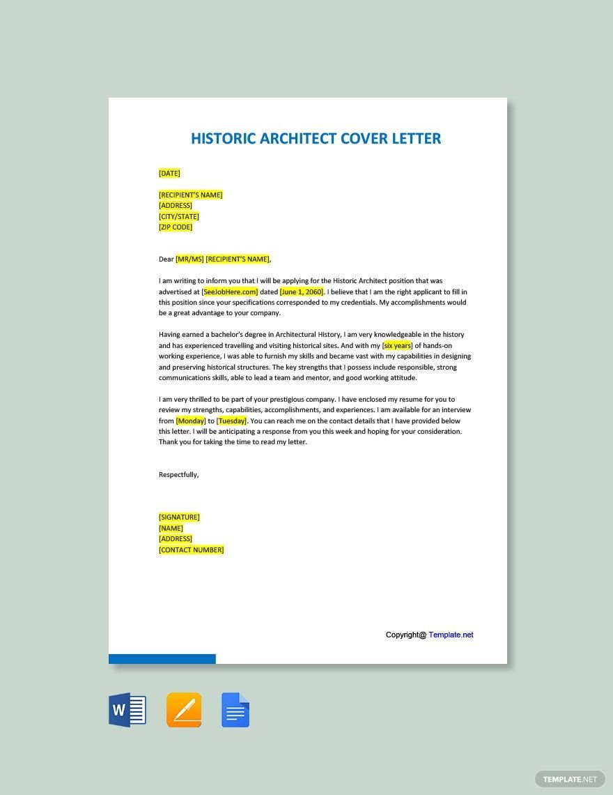 Historic Architect Cover Letter in Word, Google Docs, PDF, Apple Pages