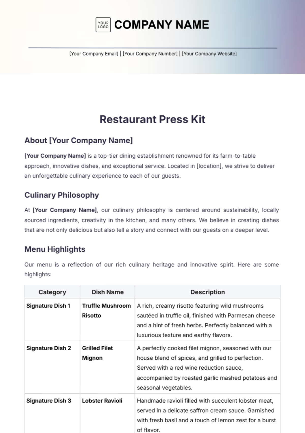 Restaurant Press Kit Template - Edit Online & Download