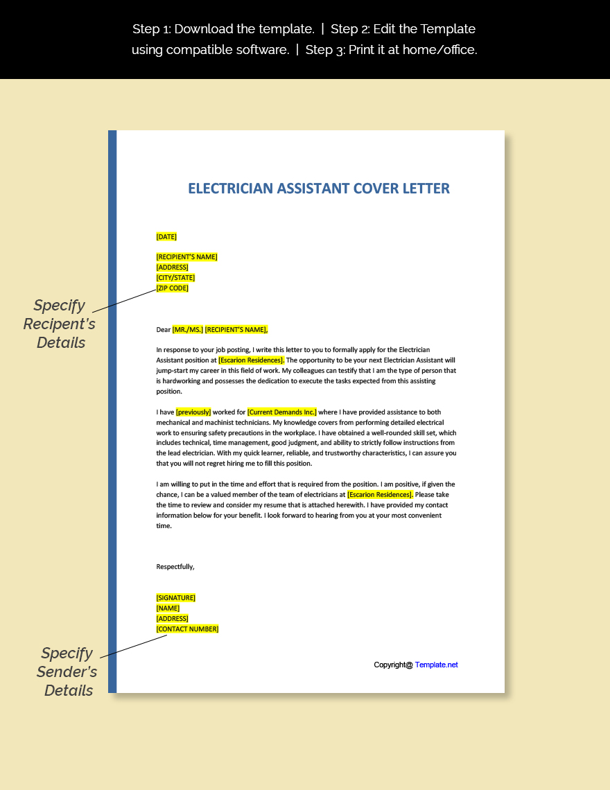 Electrician Assistant Cover Letter