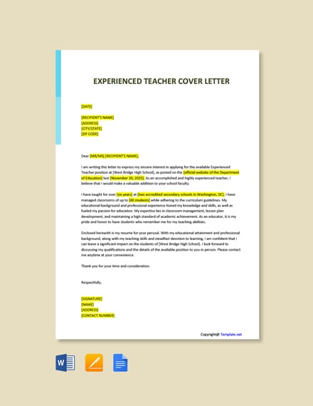 cover letter for experienced school teacher