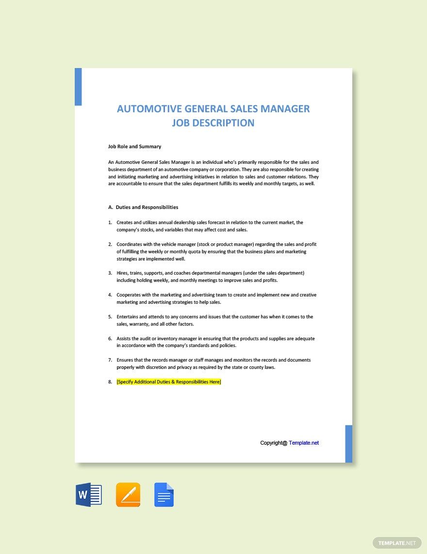 Automotive General Sales Manager Job Ad/Description Template