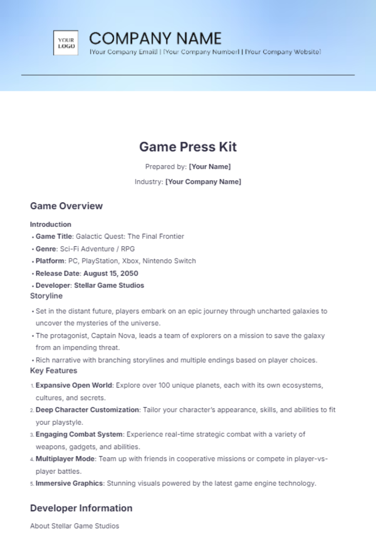 Game Press Kit Template - Edit Online & Download