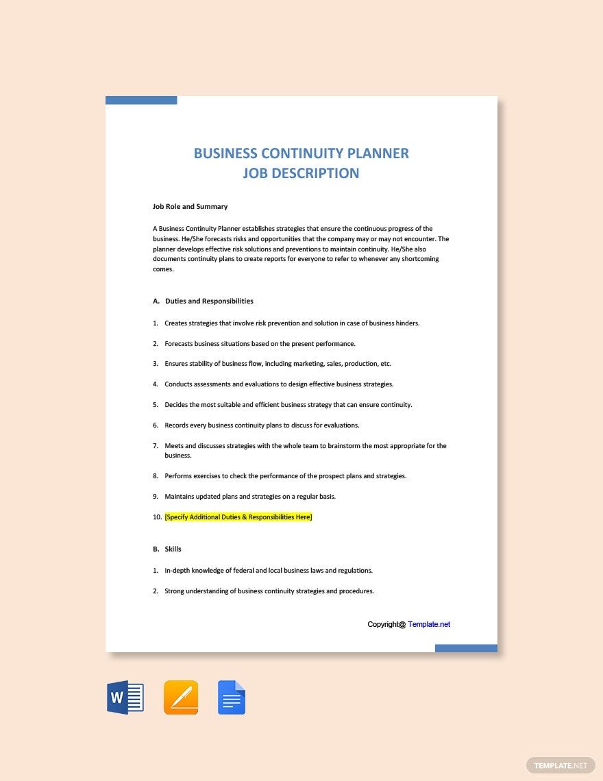 Business Continuity Planner Job Ad/Description Template