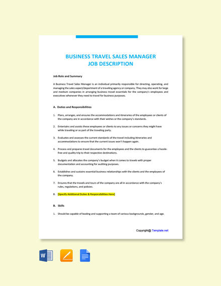 Business Travel Sales Manager Job Ad Description Template Google Docs 