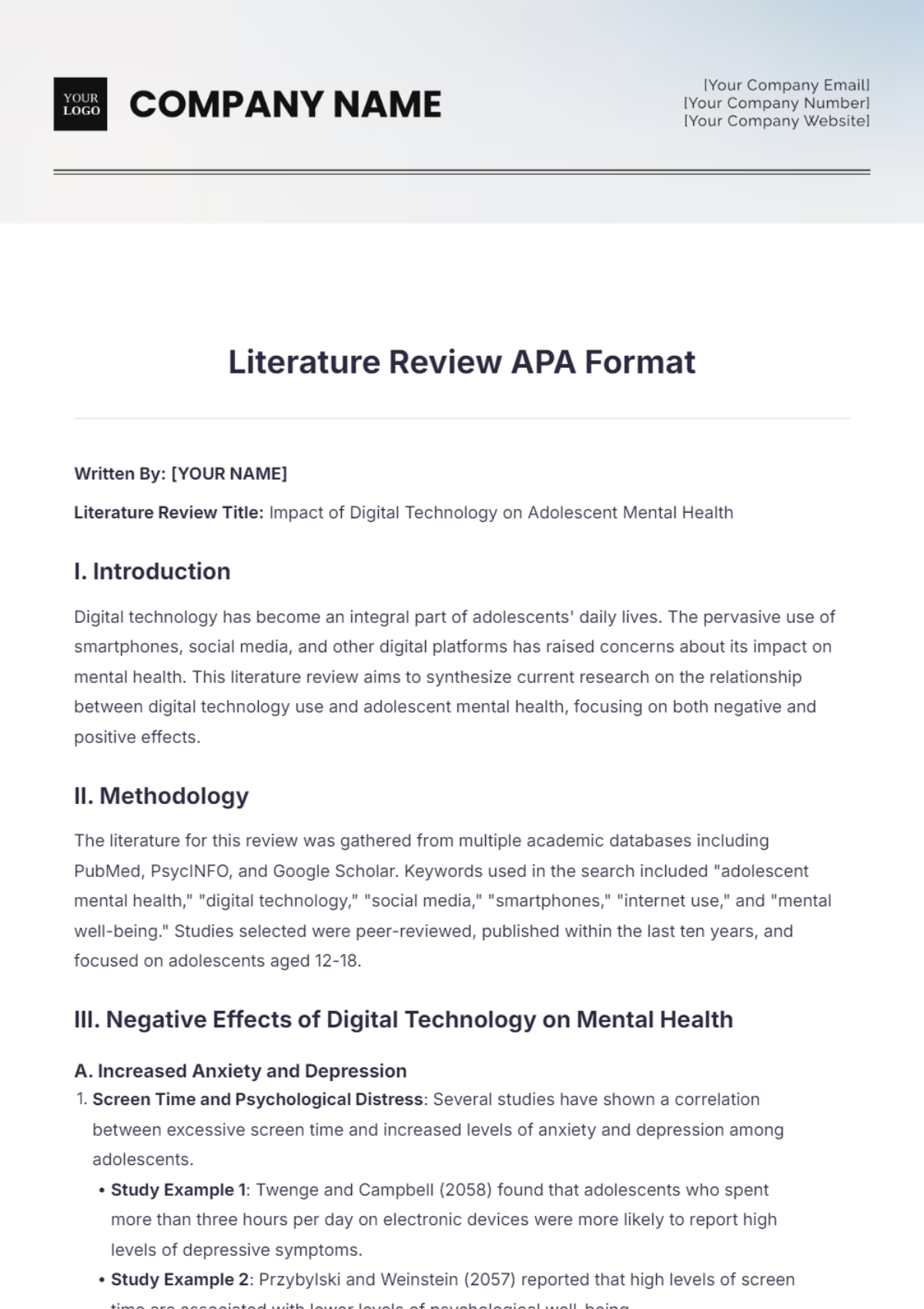 Literature Review APA Format Template - Edit Online & Download