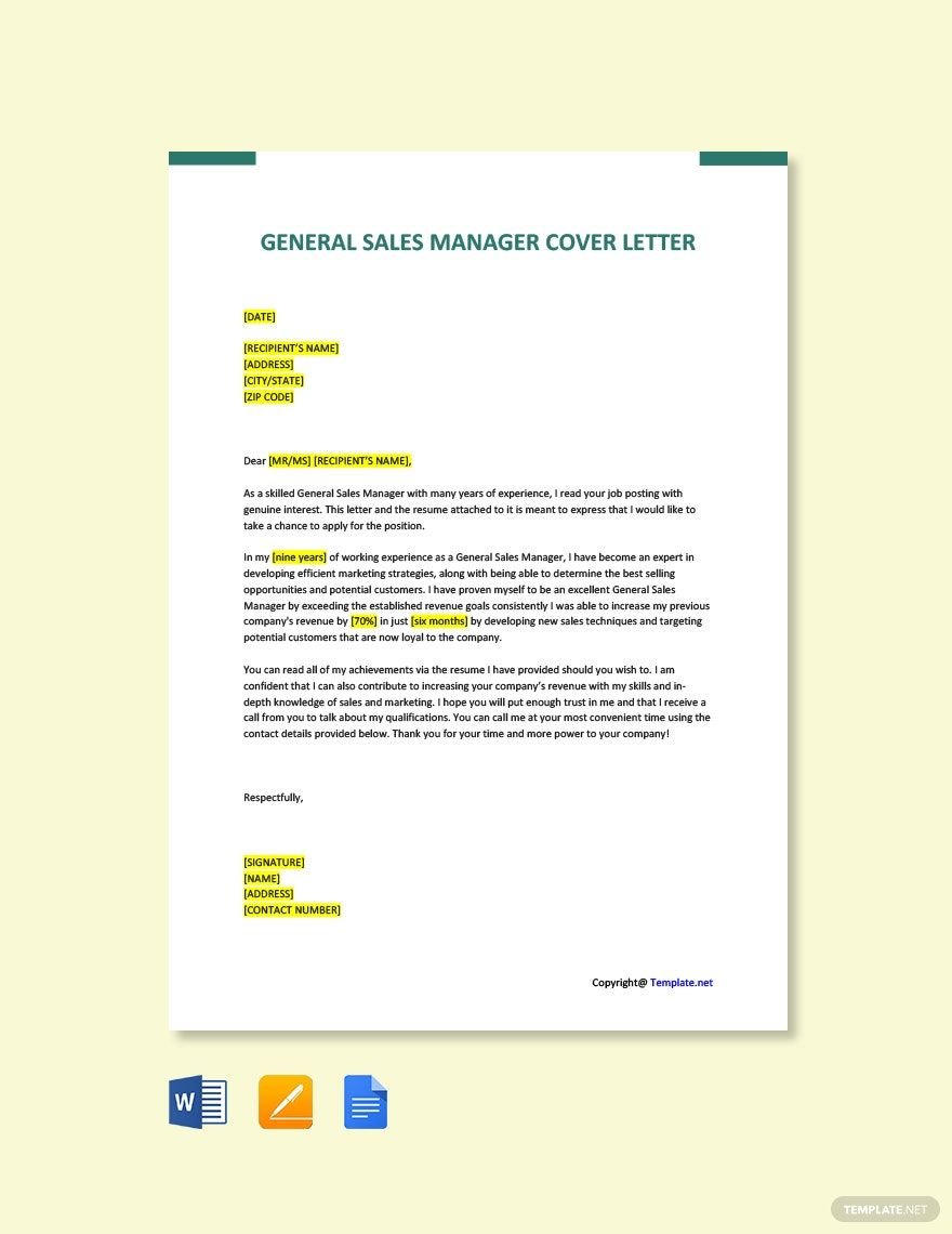 General Sales Manager Cover Letter