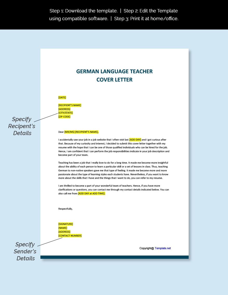 German Language Teacher Cover Letter In Pages Word Google Docs PDF 