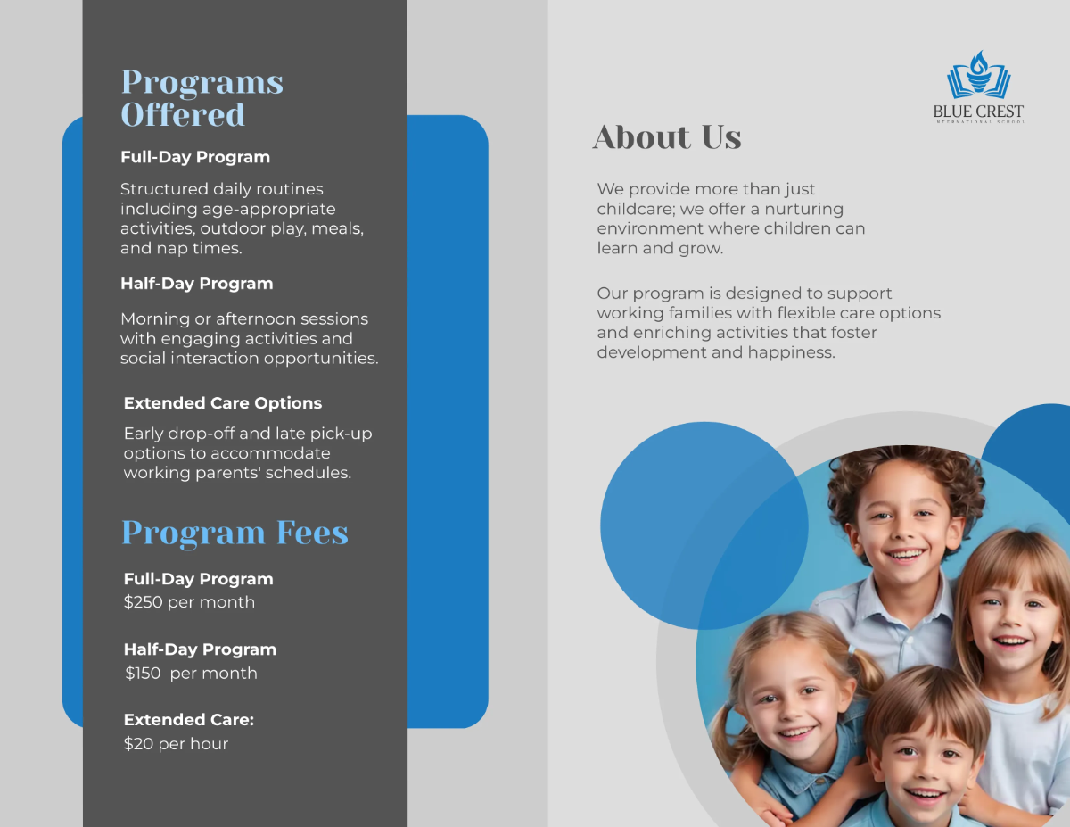 Free Preschool Childcare Program Bi-Fold Brochure Template to Edit Online