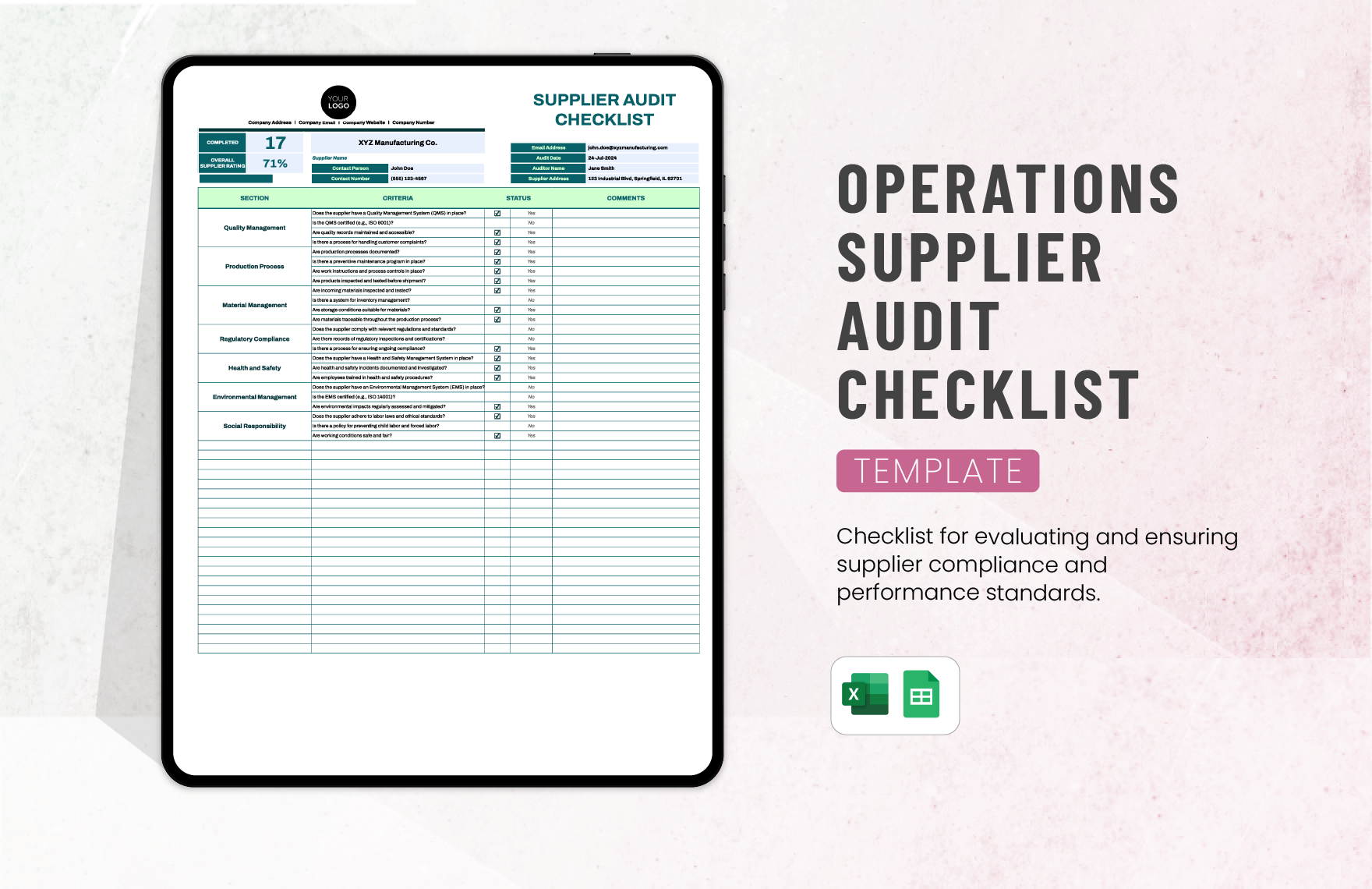 Operations Supplier Audit Checklist Template