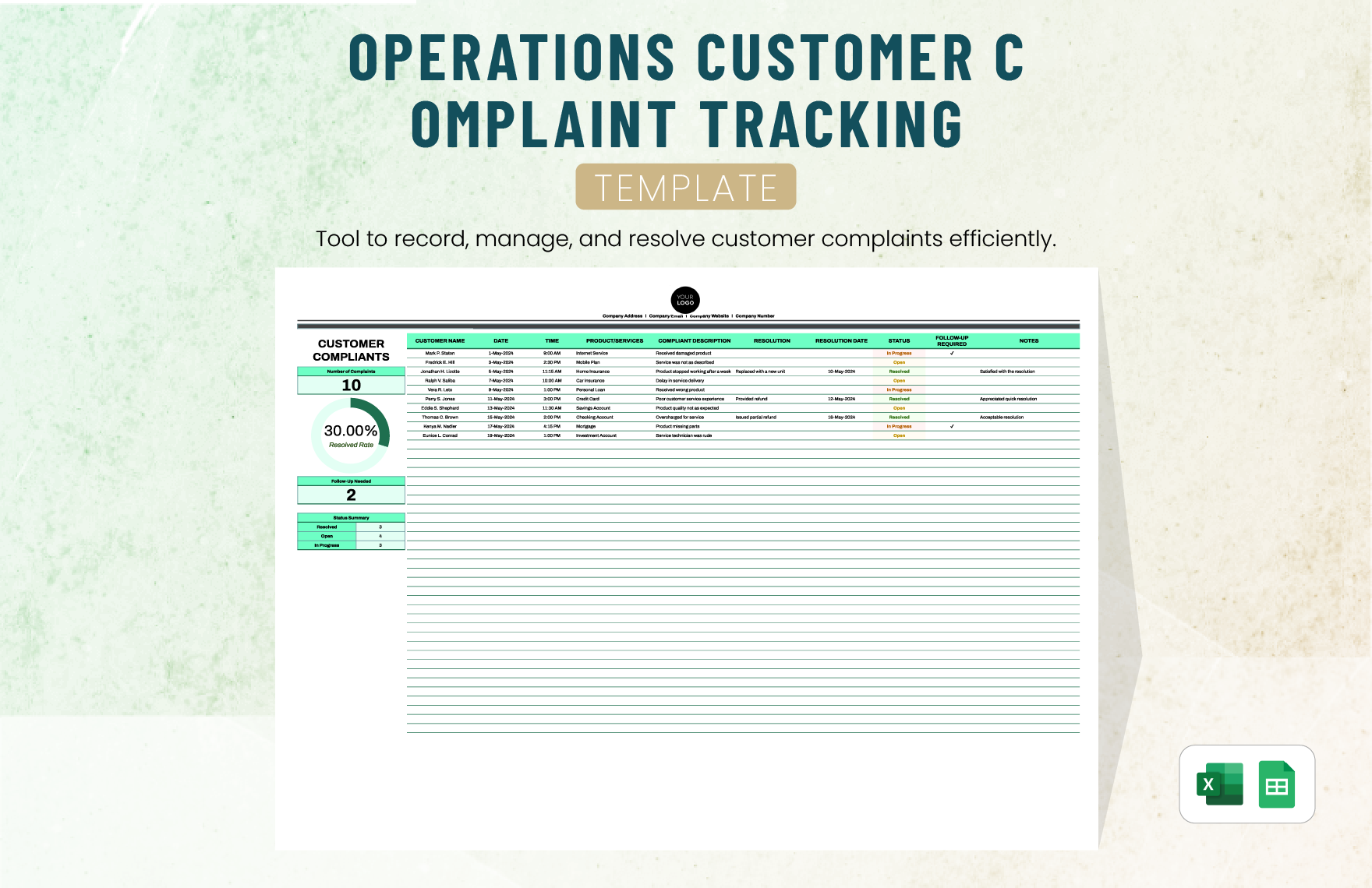 Operations Customer Complaint Tracking Template in Excel, Google Sheets - Download | Template.net