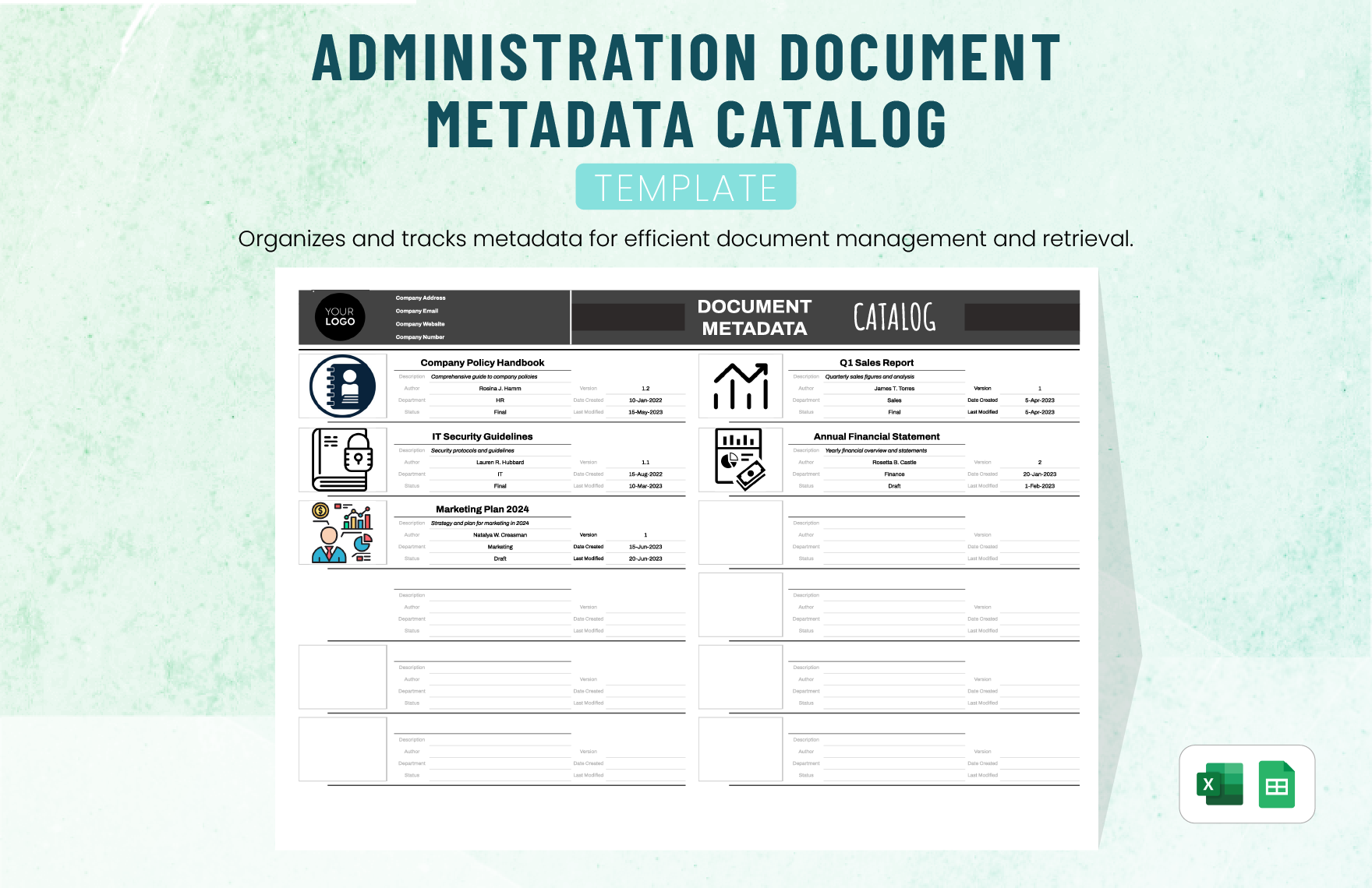 Administration Document Metadata Catalog Template in Excel, Google Sheets