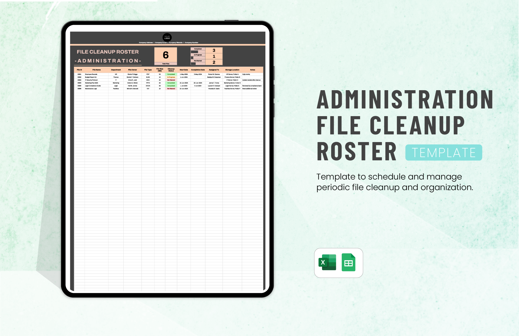 Administration File Cleanup Roster Template in Excel, Google Sheets