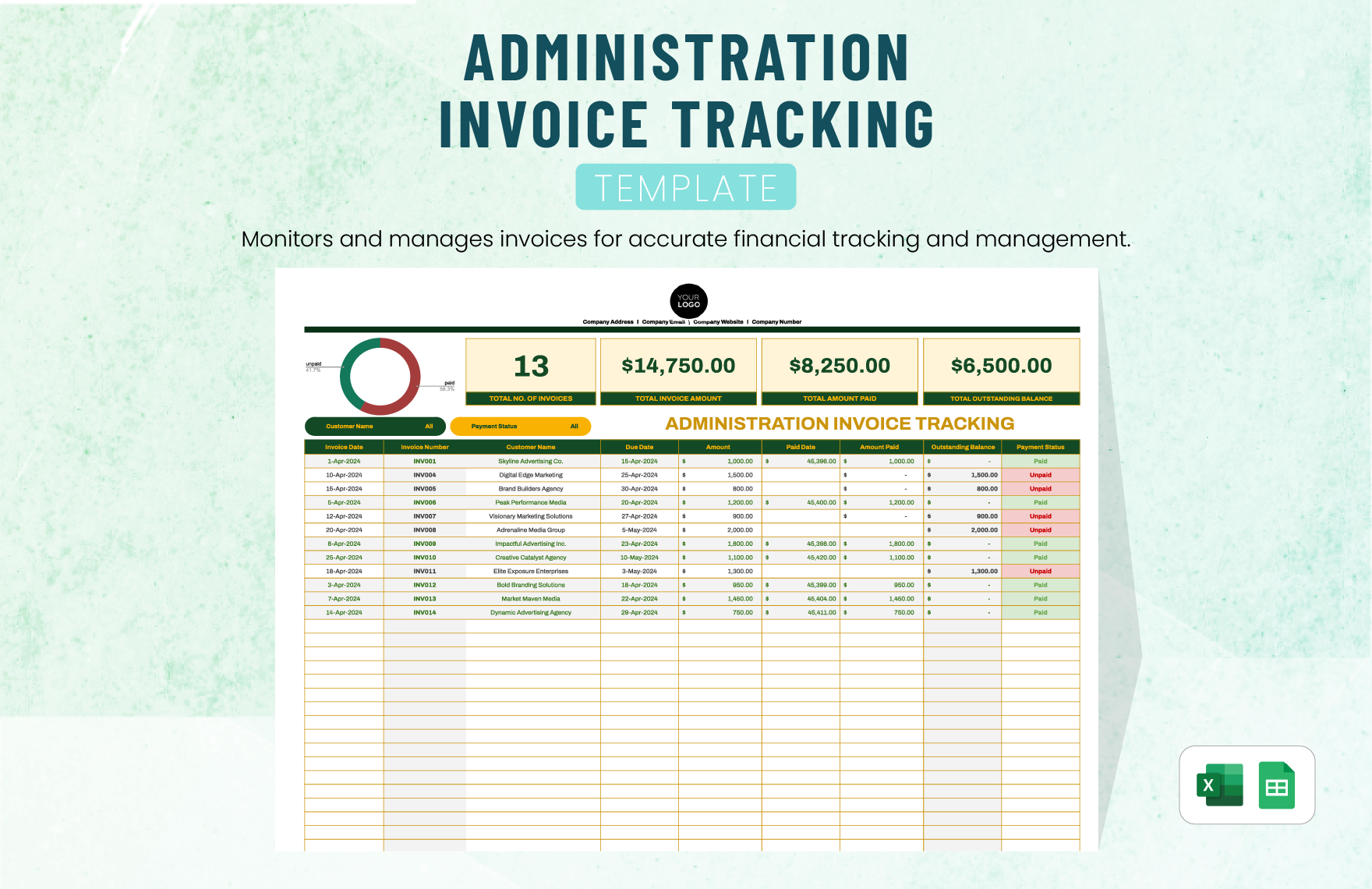 Administration Invoice Tracking Template in Excel, Google Sheets