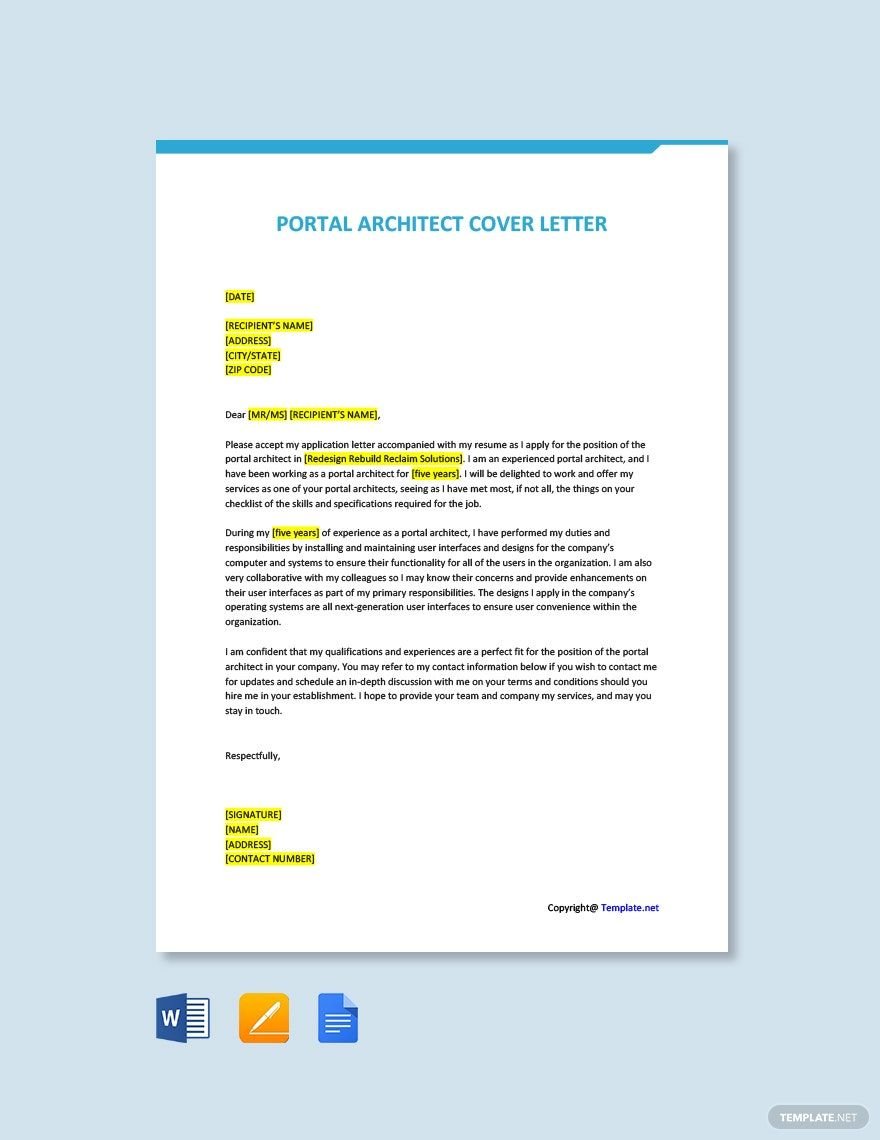 Portal Architect Cover Letter in Word, Google Docs, PDF, Apple Pages
