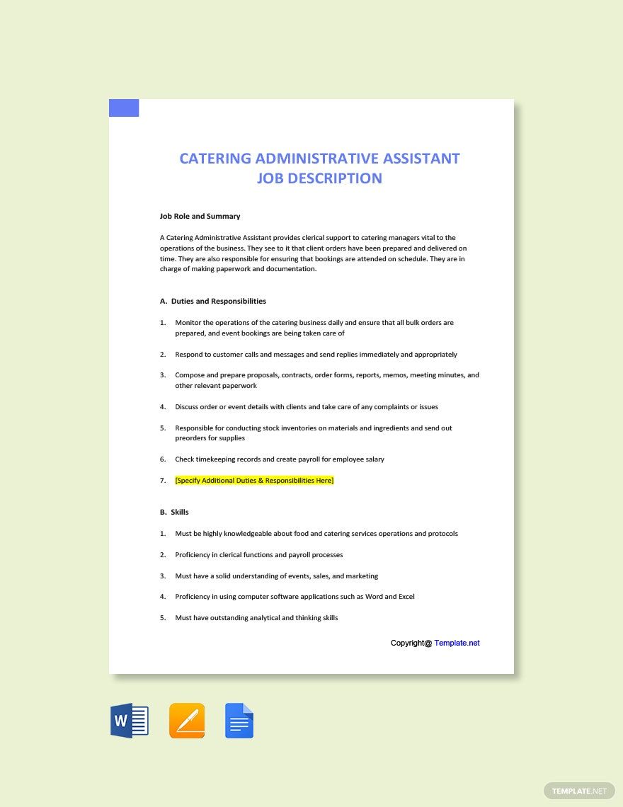 Catering Administrative Assistant Job Description Template