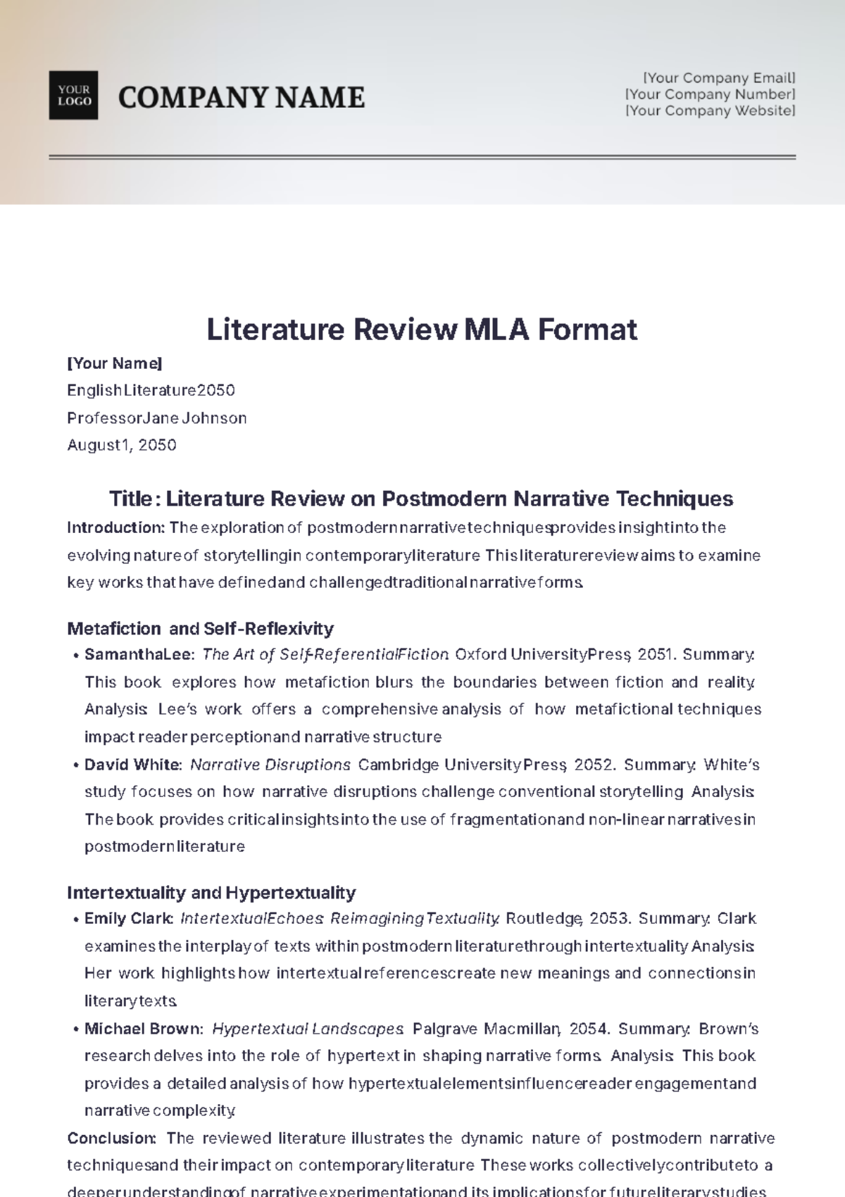 Literature Review MLA Format Template - Edit Online & Download