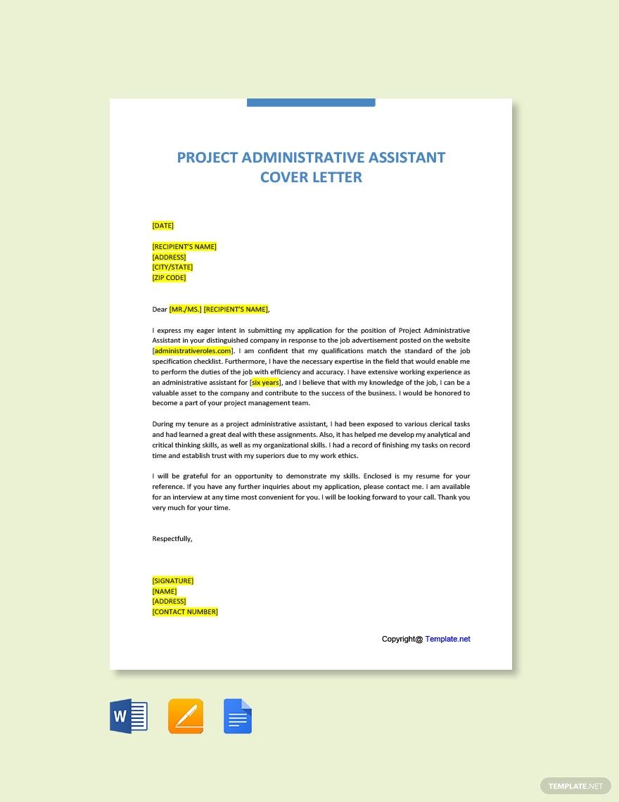 Project Administrative Assistant Cover Letter in Word, Google Docs, Pages, PDF - Download | Template.net