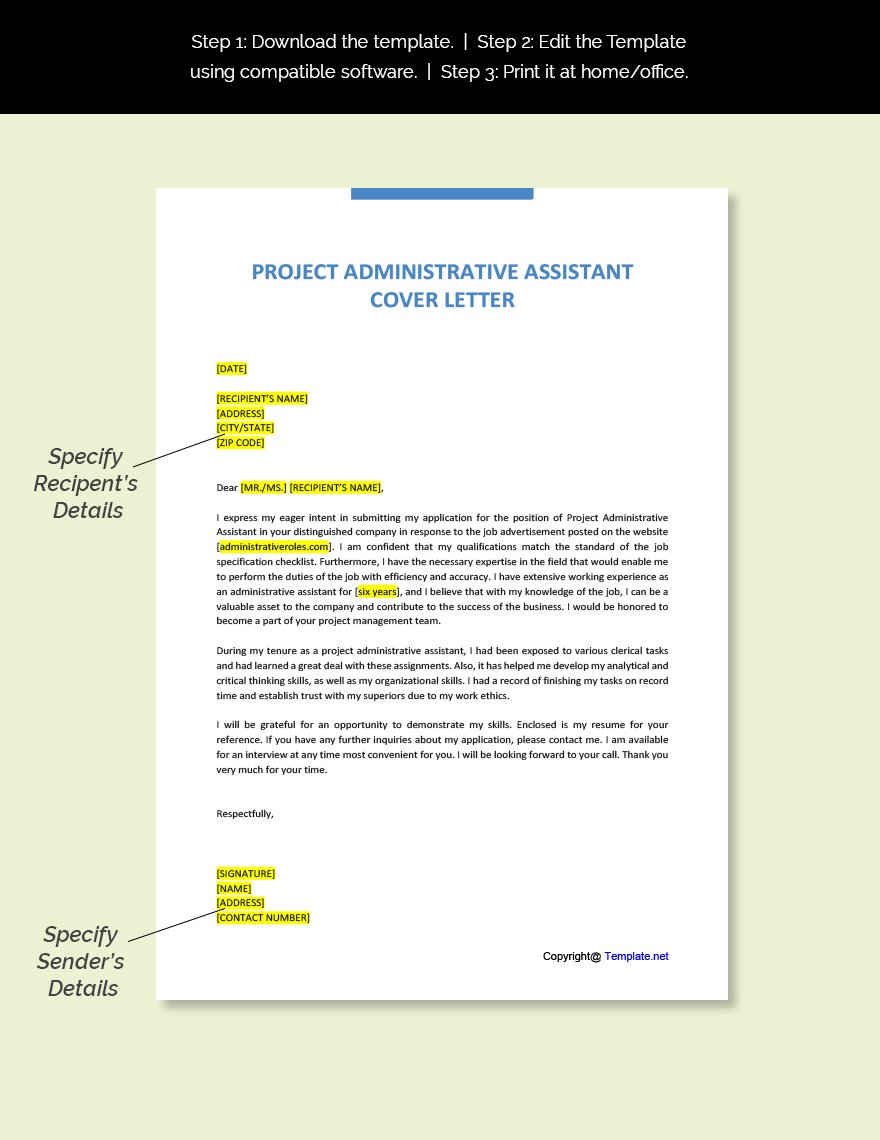 Project Administrative Assistant Cover Letter Template