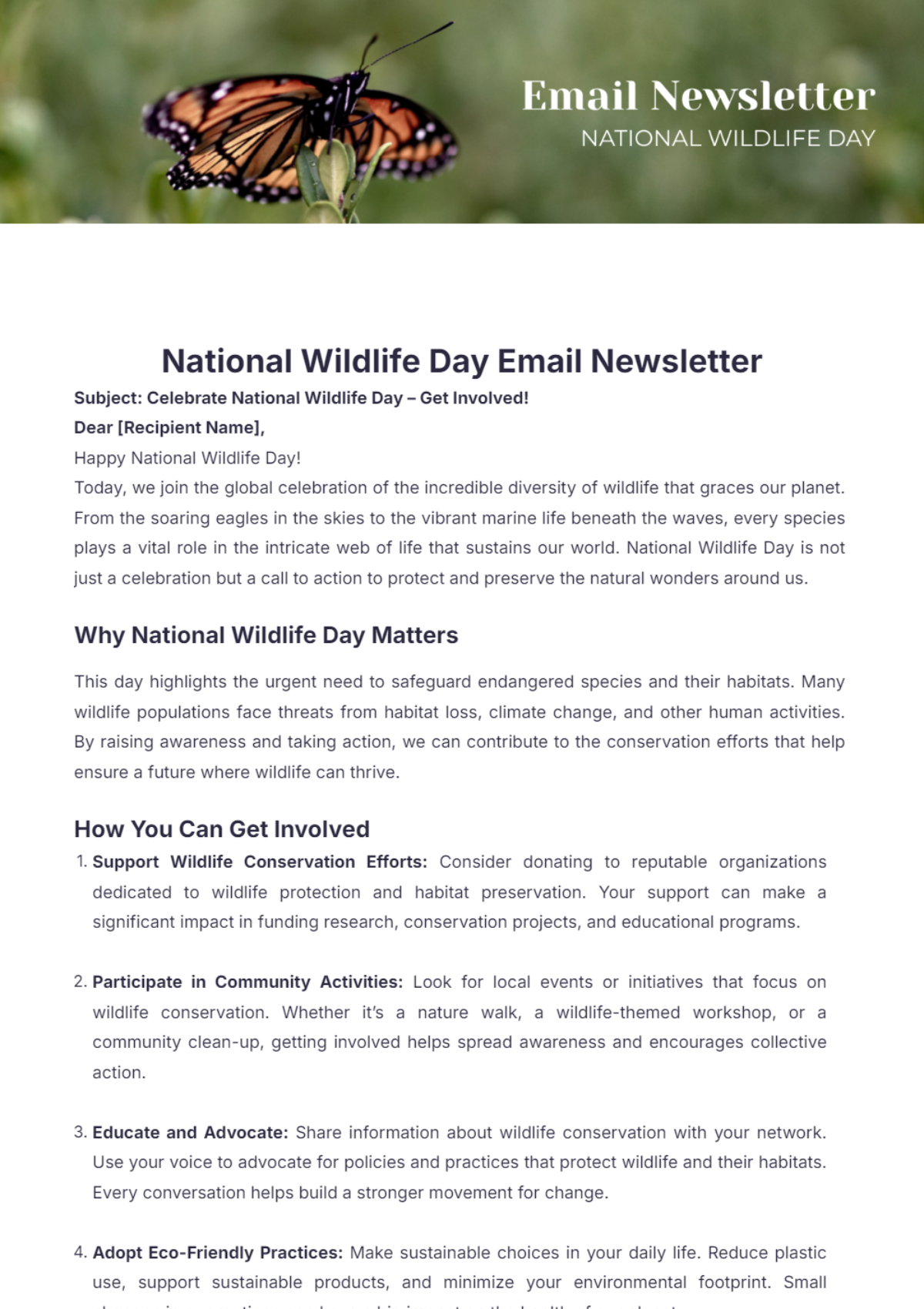 National Wildlife Day Email Newsletters Template - Edit Online & Download