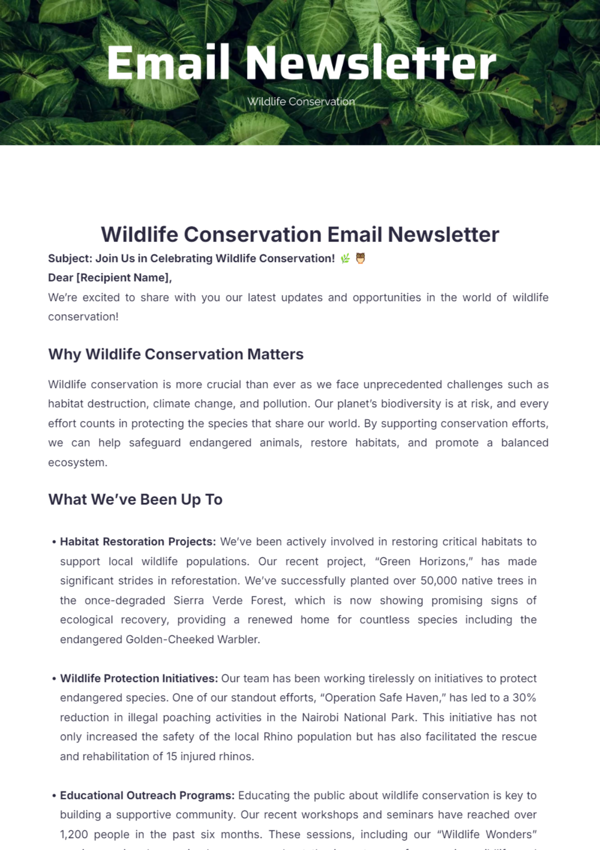 Wildlife Conservation Email Newsletters Template - Edit Online & Download