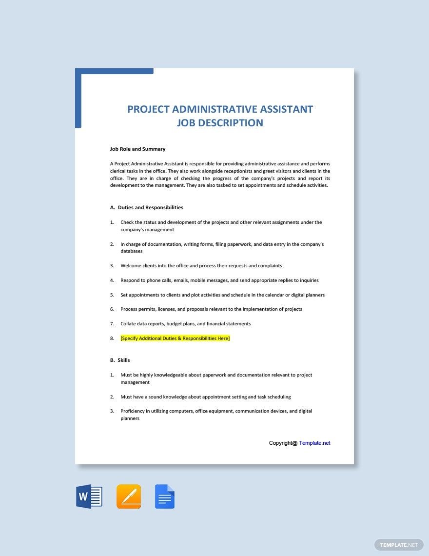 Project Administrative Assistant Job Description