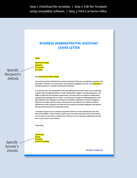 Business Administrative Assistant Cover Letter Template