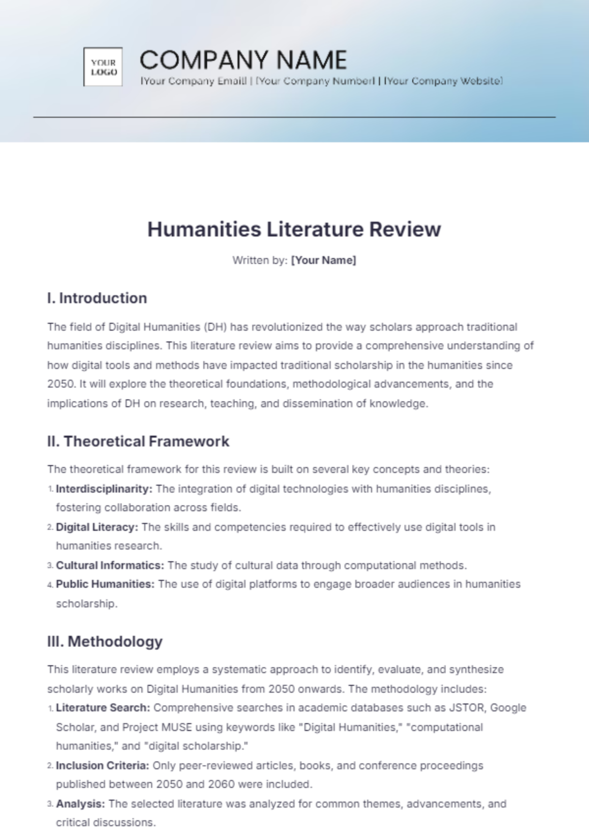 Humanities Literature Review Template - Edit Online & Download