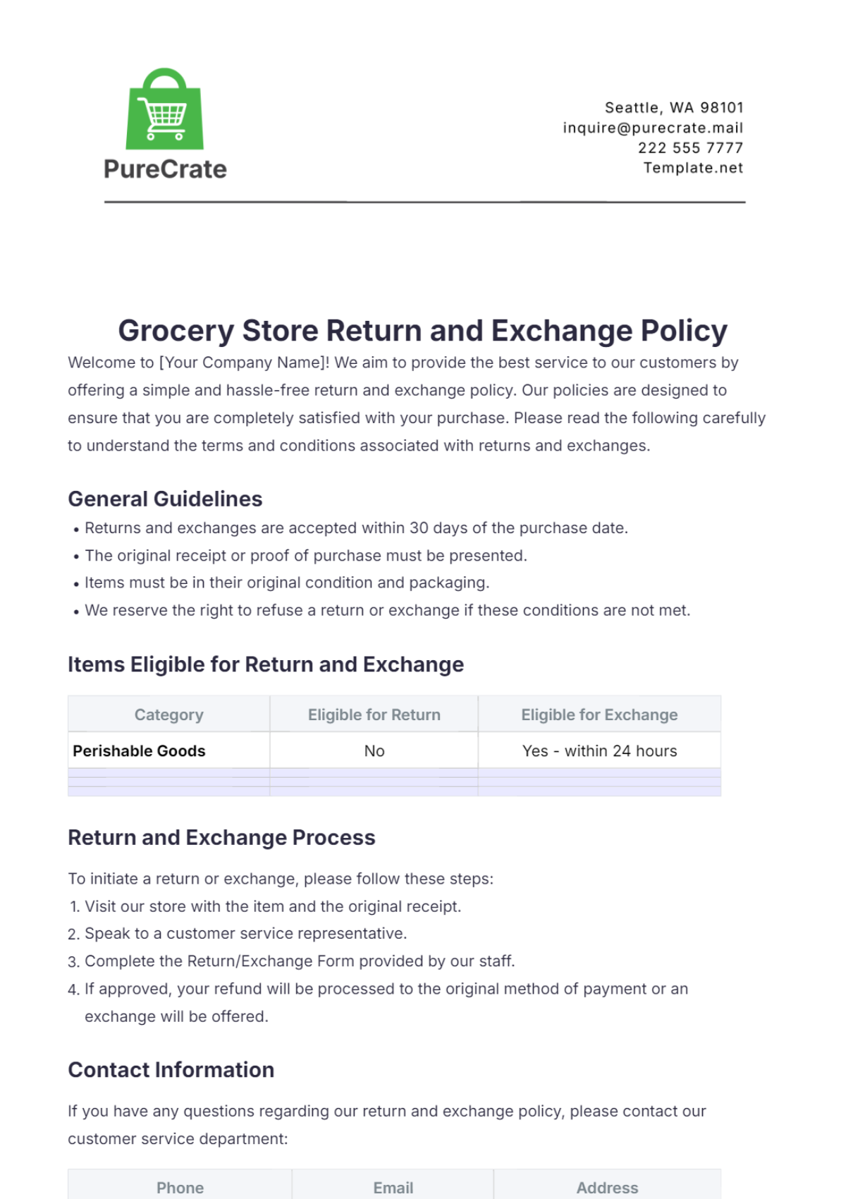 Grocery Store Return and Exchange Statement Design Template - Edit Online & Download