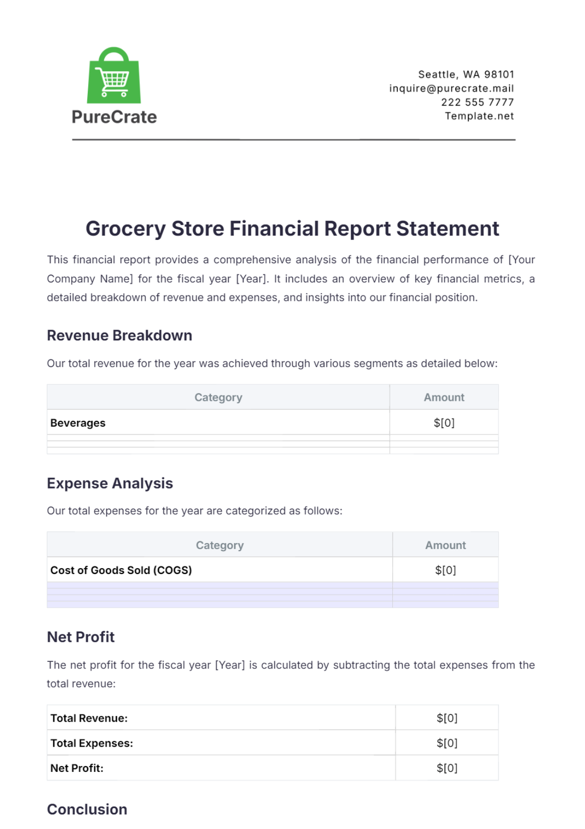 Grocery Store Financial Report Statement Template - Edit Online & Download