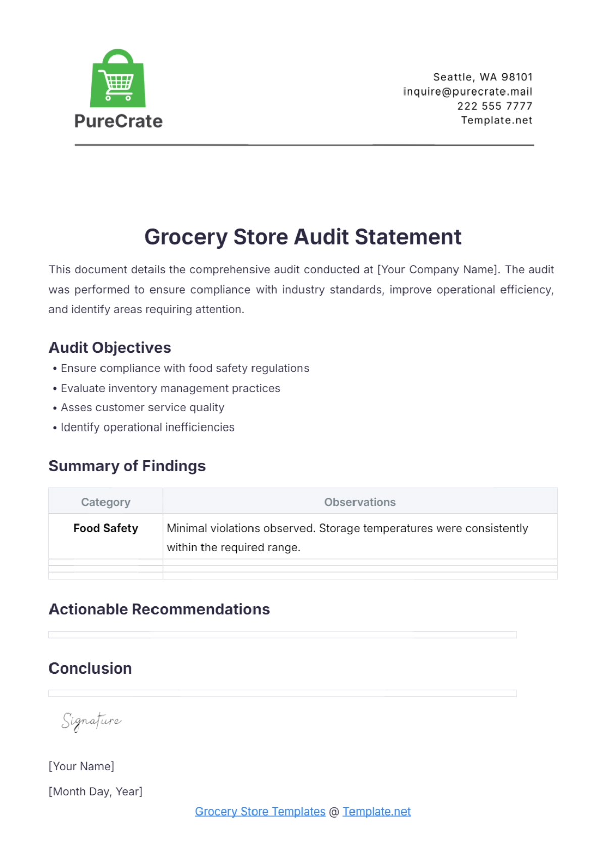 Grocery Store Audit Statement Template - Edit Online & Download