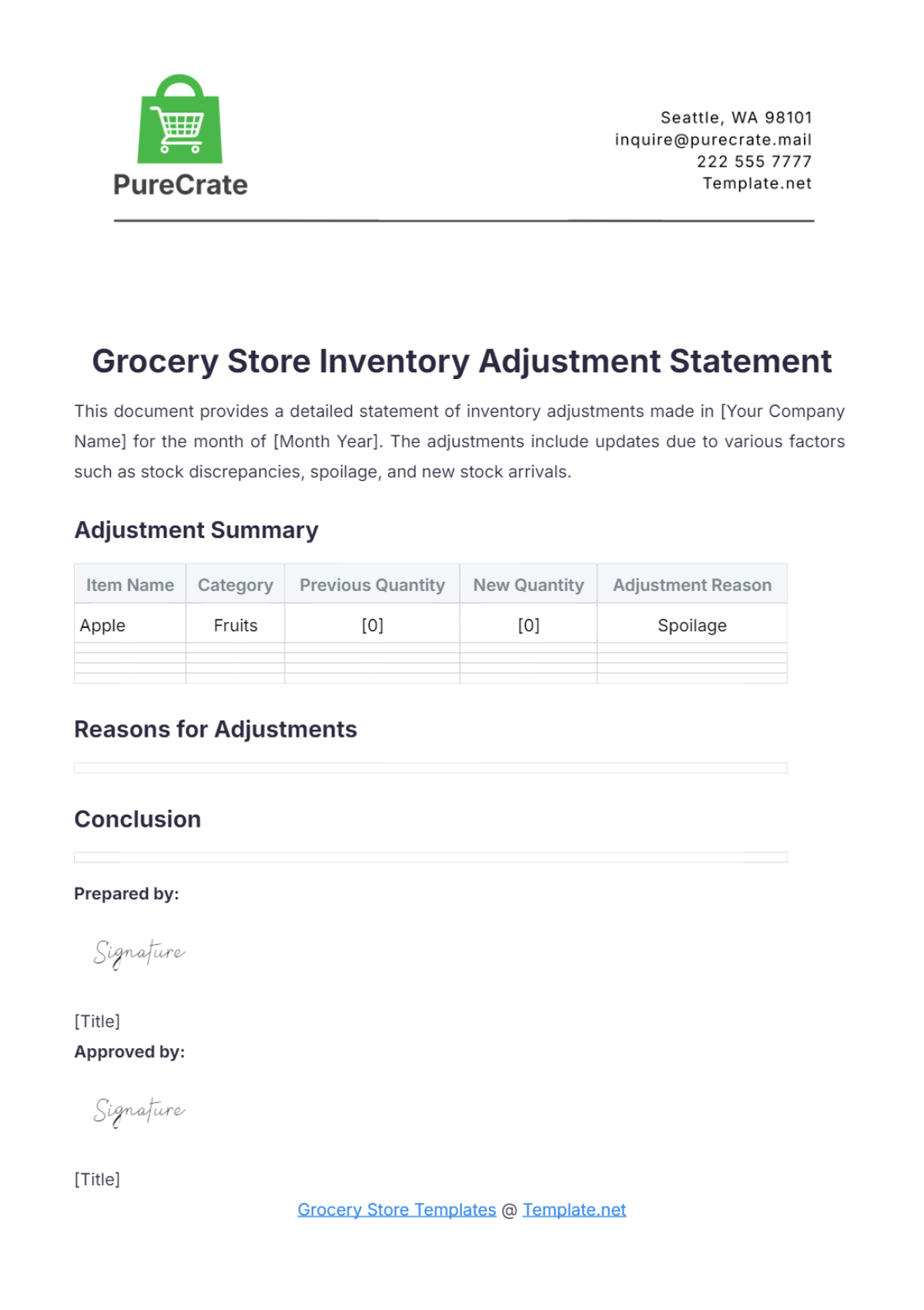 Grocery Store Inventory Adjustment Statement Template - Edit Online & Download