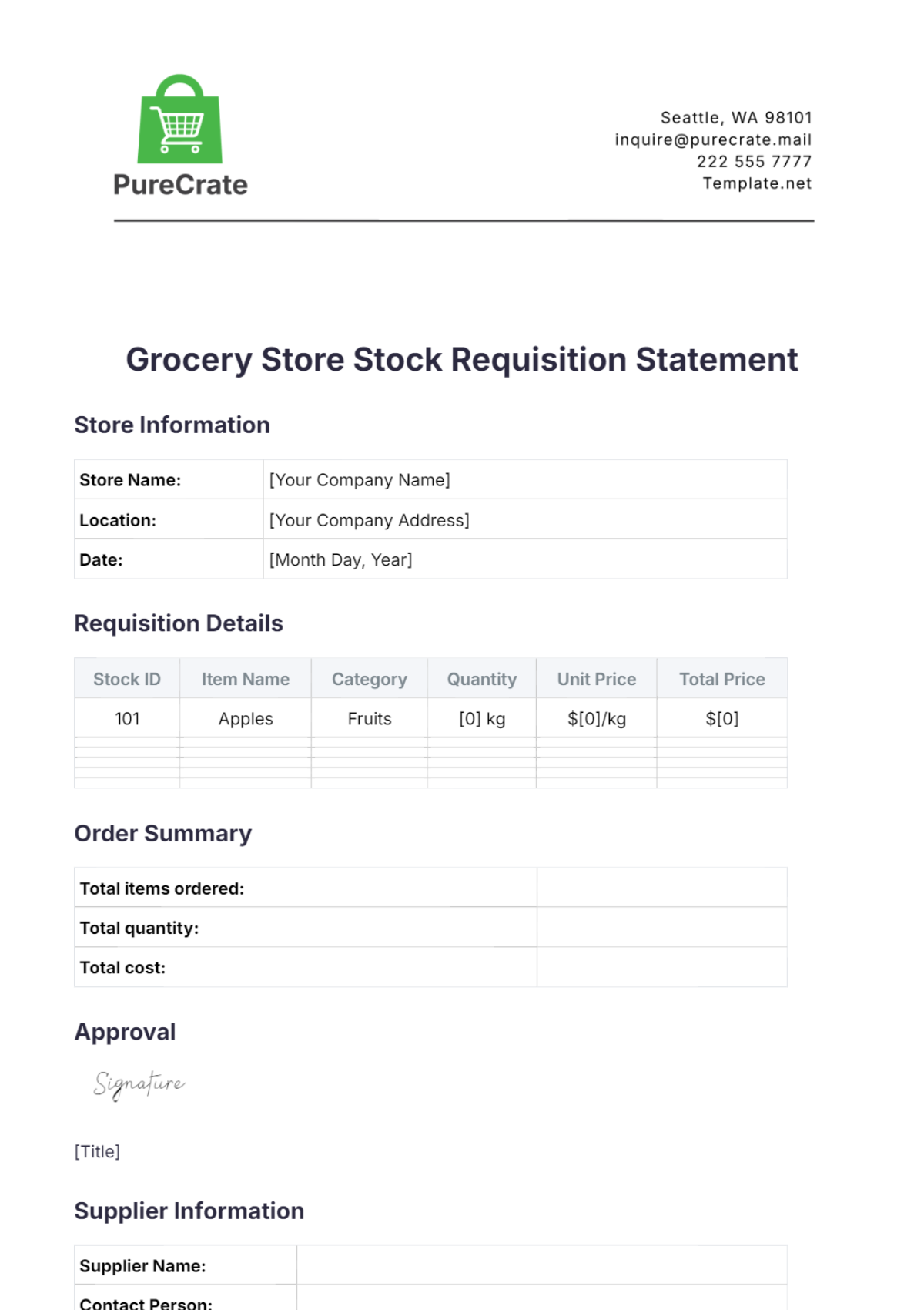 Grocery Store Stock Requisition Statement Template - Edit Online & Download