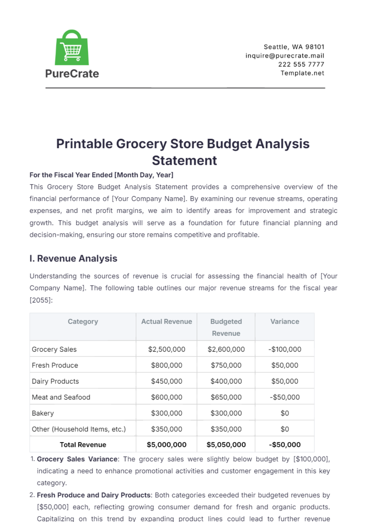 Printable Grocery Store Budget Analysis Statement Template - Edit Online & Download