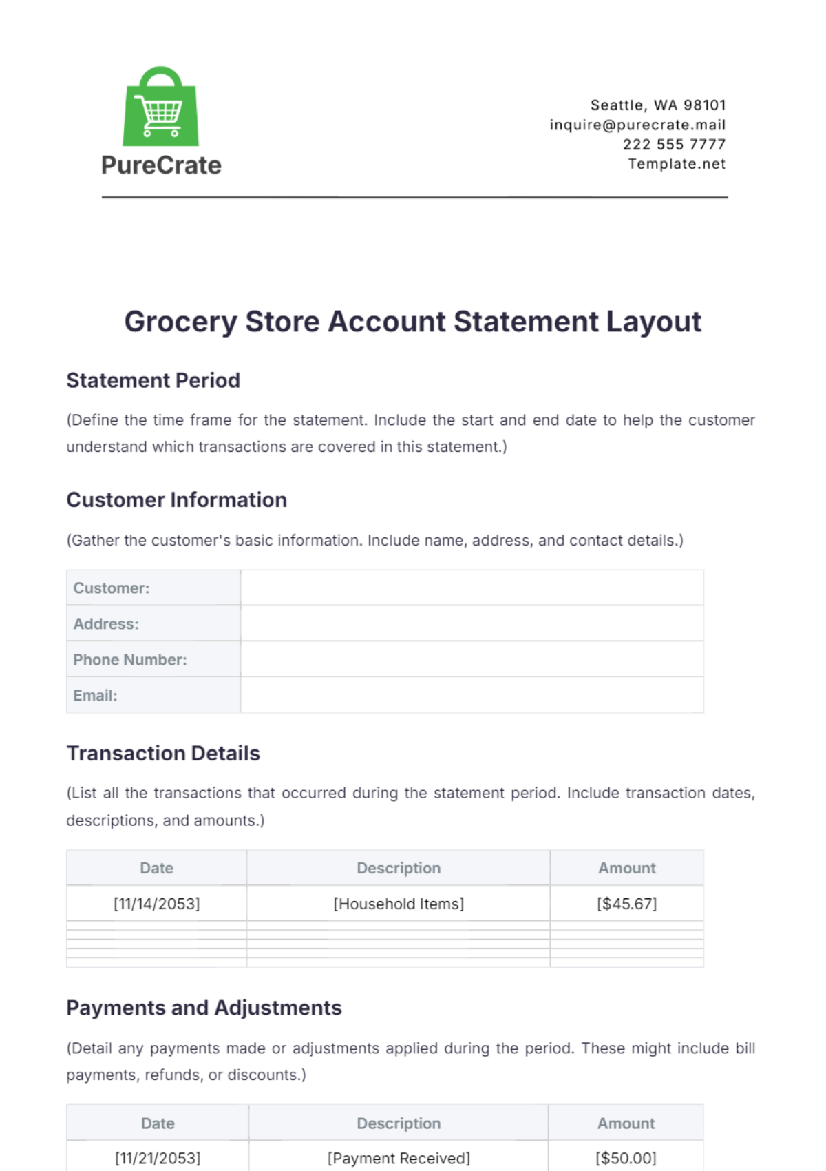 Grocery Store Account Statement Layout Template