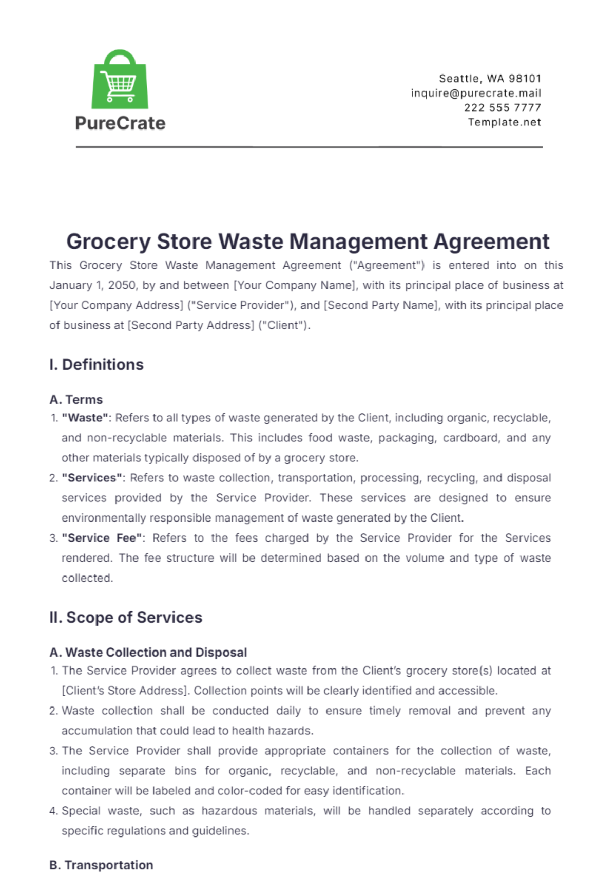 Grocery Store Waste Management Agreement Template - Edit Online & Download