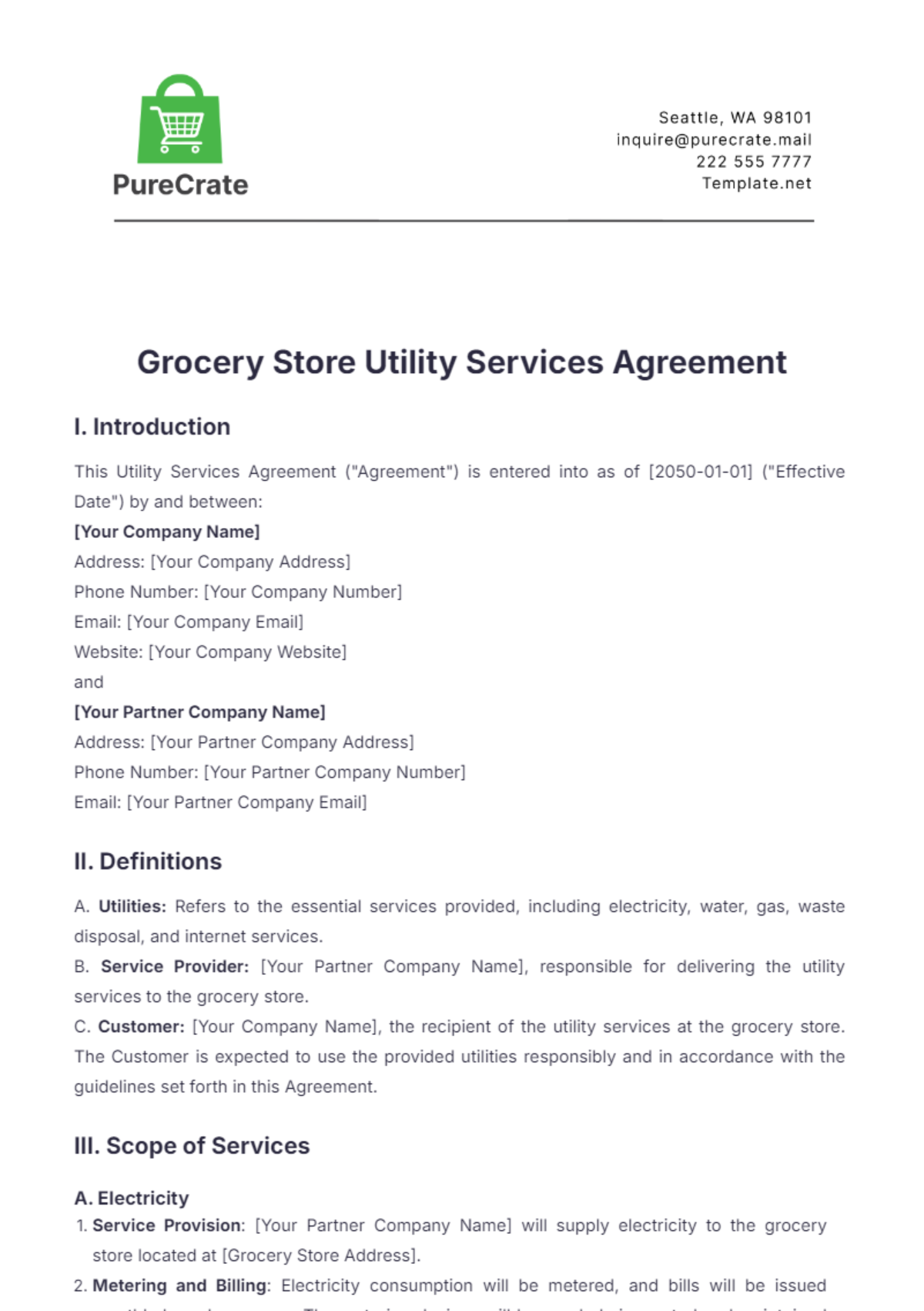 Grocery Store Utility Services Agreement Template - Edit Online & Download