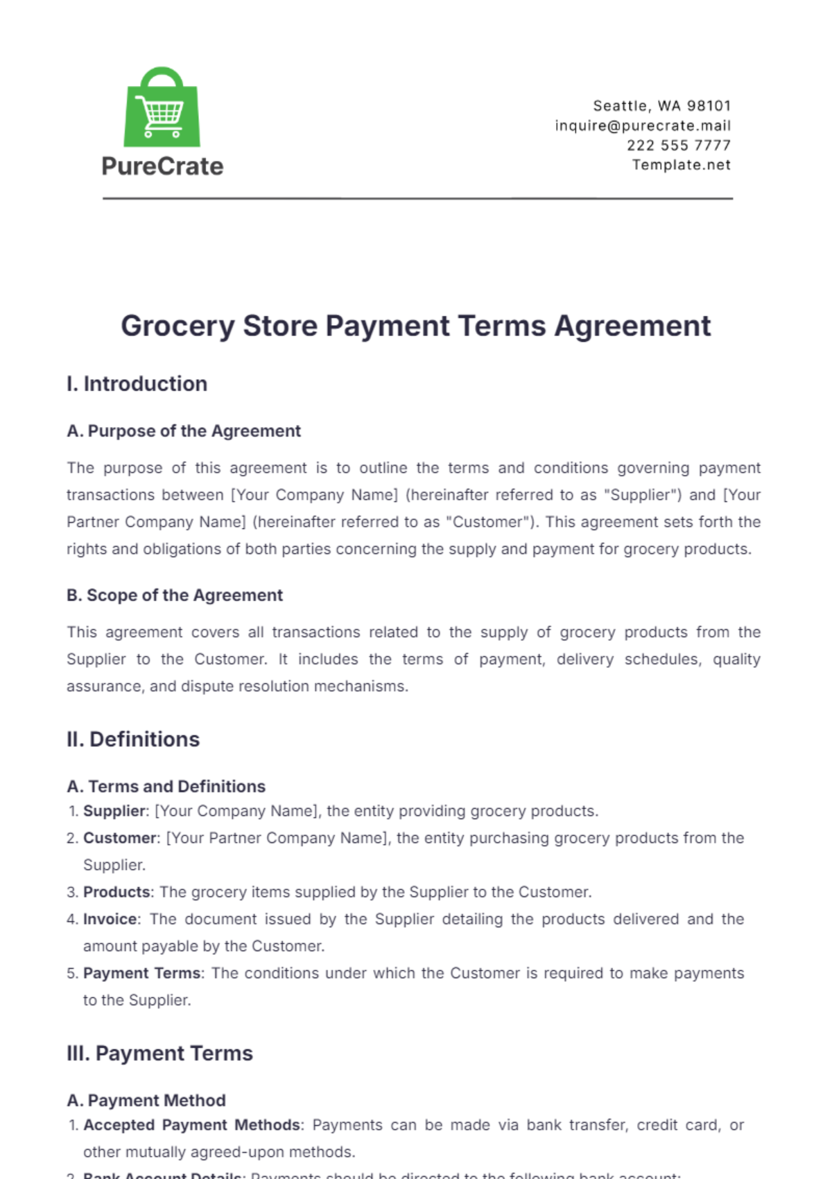 Grocery Store Payment Terms Agreement Template - Edit Online & Download