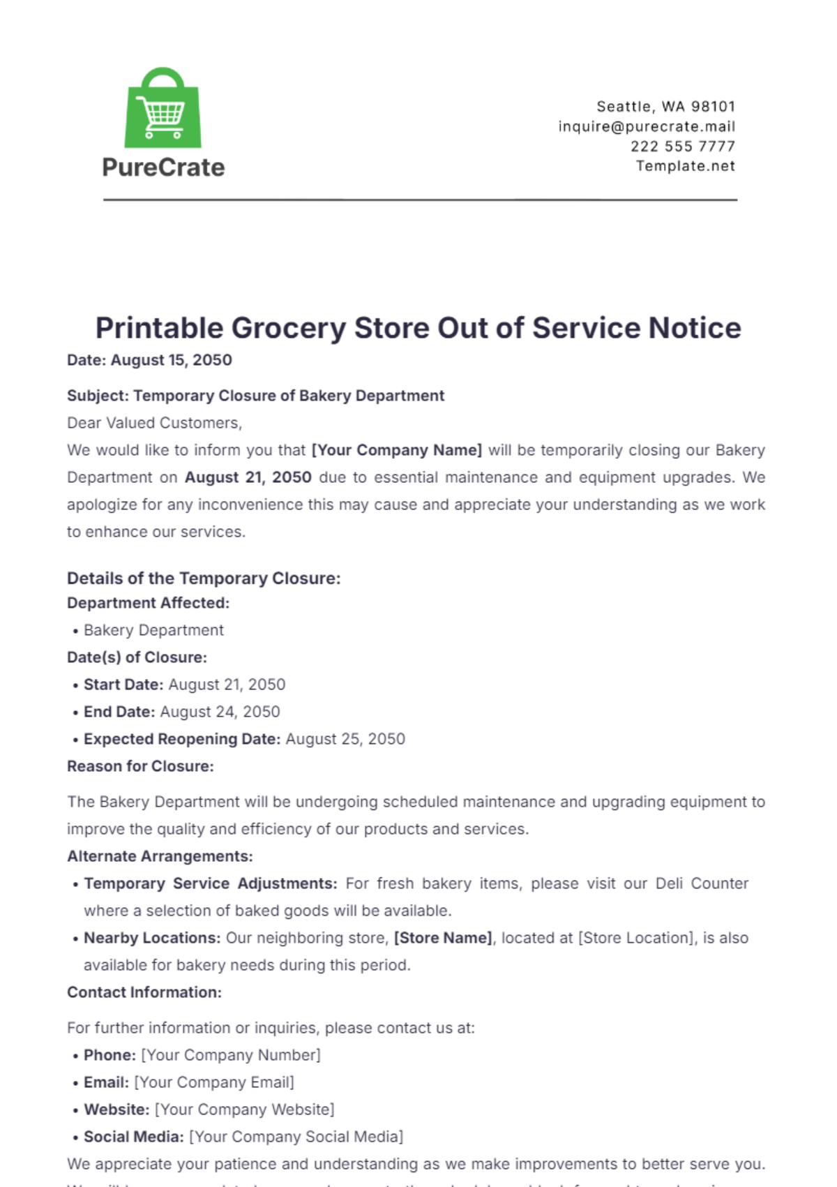 Printable Grocery Store Out of Service Notice Template - Edit Online & Download