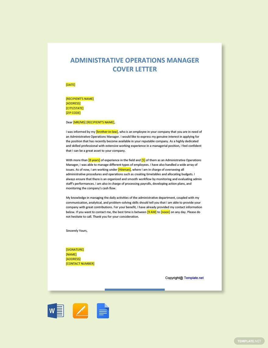 Administrative Operations Manager Cover Letter