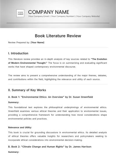 Free Book Literature Review Template to Edit Online