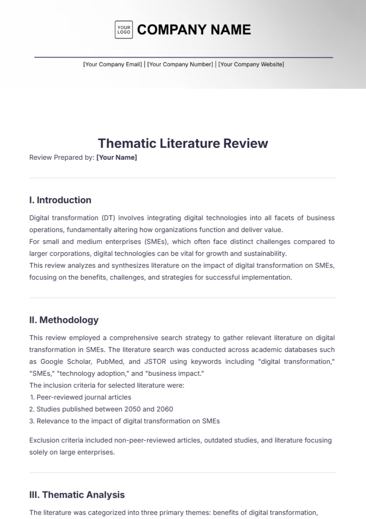 Thematic Literature Review Template - Edit Online & Download